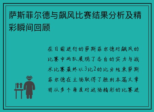 萨斯菲尔德与飙风比赛结果分析及精彩瞬间回顾